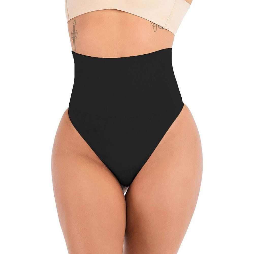 Youmita Womens Black Elastic Waist Stretch Tummy Control Thong Shapewear Large